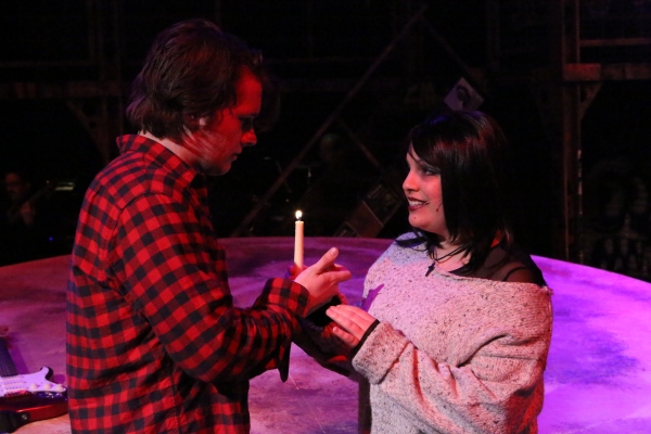 Evan Fornachon (Roger) and Anna Skidis (Mimi), singing ''Light My Candle'' Photo