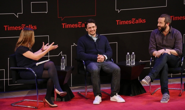 New York Times reporter Melena Ryzik with James Franco and Chris O'Dowd Photo