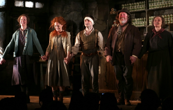 Ingrid Craigie, Sarah Greene, Daniel Radcliffe, Pat Shortt and Gillian Hanna during the Curtain Call at the first preview of ''The Cripple of Inishman''  at the Cort Theatre on April 12, 2014 in New York City. at 