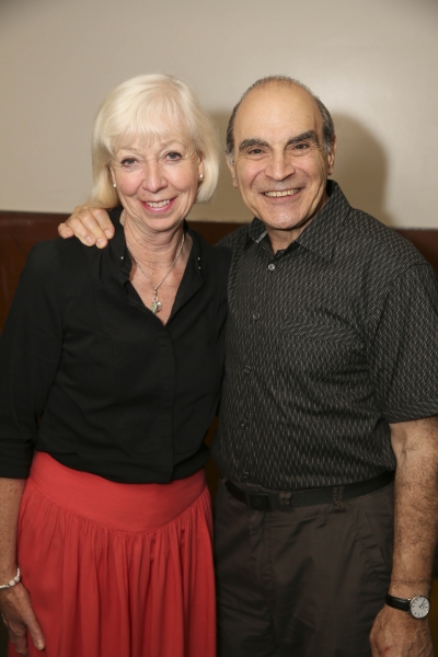 From left, cast members Sheila Ferris and David Suchet pose backstage after the openi Photo