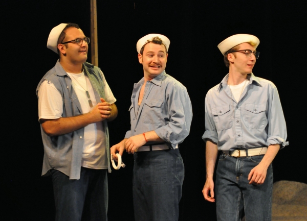 Billy Goldstein as Stewpot, Aaron Dore as Luther Billis and Danny Meglio as Professor Photo
