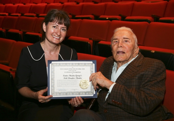 Culver City Mayor Meghan Sahli-Wells presents a proclamation to Kirk Douglas Photo