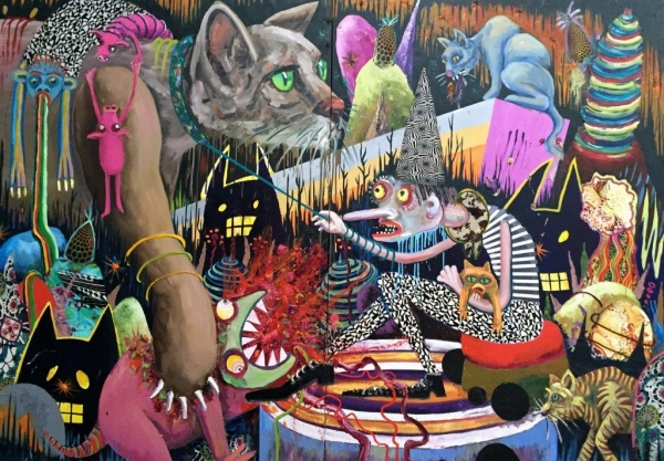 Stefanie  Gutheil, Big Cat Squeezing, diptych, oil and fabric on canvas Photo