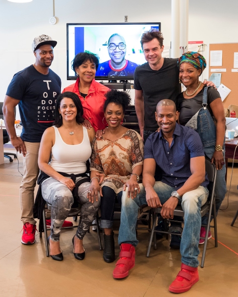 L-R, back row: Cast member Kamal Angelo Bolden, director Phylicia Rashad, playwright  Photo