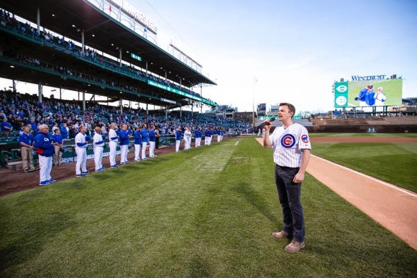 THE BOOK OF MORMON star David Larsen (Elder Price) sings the Chicago Cubs National An Photo