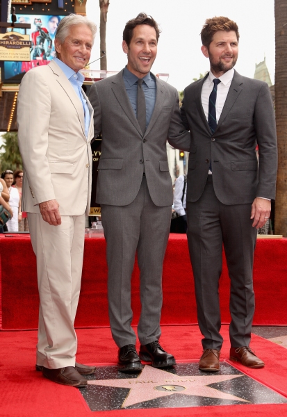 Paul Rudd poses with actors Michael Douglas and Adam Scott Photo