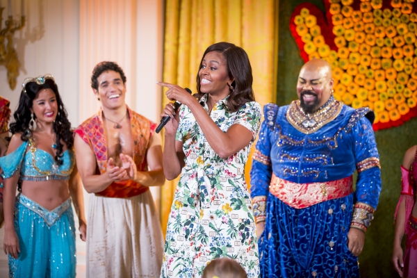 First Lady Michelle Obama and the cast of ALADDIN (Courtney Reed, Adam Jacobs and Jam Photo