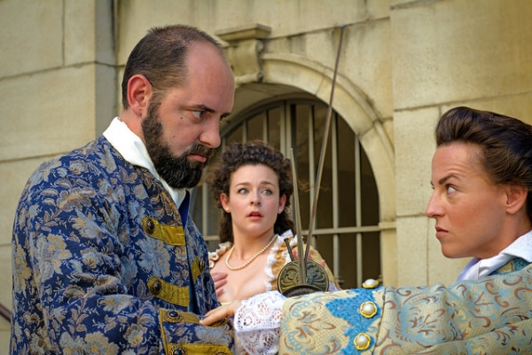 Chad Gowen Spear (Bernard), Amber Marie Flores (Constance), and Marianne Galloway (Ju Photo