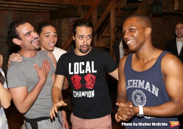 Javier Munoz, Anthony Ramos and Lin-Manuel Miranda singing Happy Birthday to Leslie O Photo