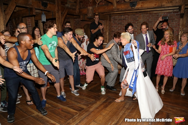 Lin-Manuel Miranda, Oskar Eustis and Betsy Struxness with company Photo