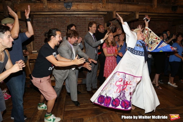 Lin-Manuel Miranda, Oskar Eustis and Betsy Struxness with company Photo