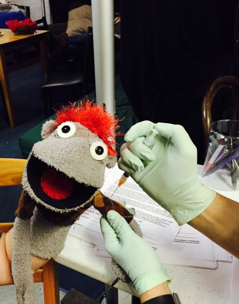 Dr. Barry Kohn gives HAND TO GOD''s Tyrone his flu shot Photo