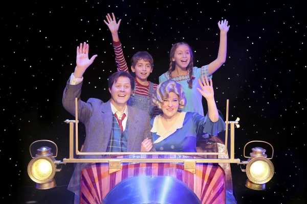 (clockwise from upper left) Nicholas Wharff as Jeremy Potts, Natalie Grote as Jemima Potts, Dani Boal as Truly Scrumptious, and Brandon John Lee as Caractacus Potts at 