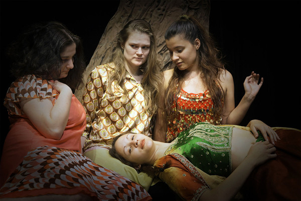 Seated from left, Meaghan Lukas as Hermia, Madison Kotnarowski as Helena, Rachel Lemo Photo
