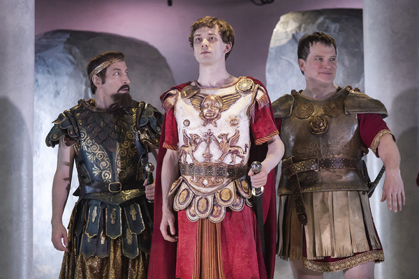 Paul Riopelle as Lepidus, Kyle Brumley as Octavius, and Nicholas Rose as Marc Antony Photo