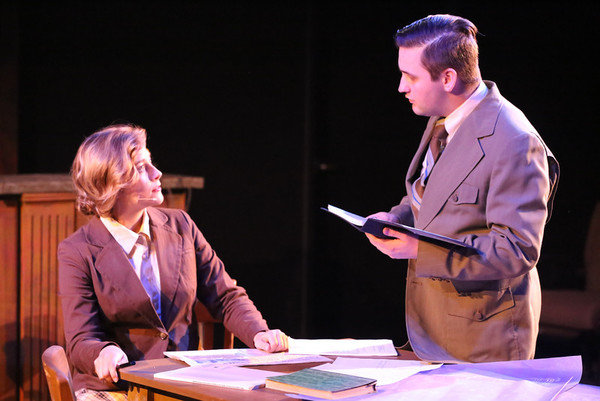 Larissa White as Leona Woods and Sean Michael as Edward Teller in New Line Theatre's  Photo