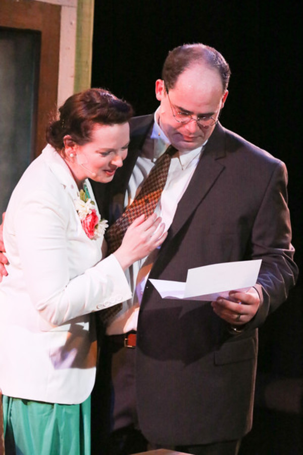 Ann Hier as Trude Weiss and Zachary Allen Farmer as Leo Szilard, in New Line Theatre' Photo