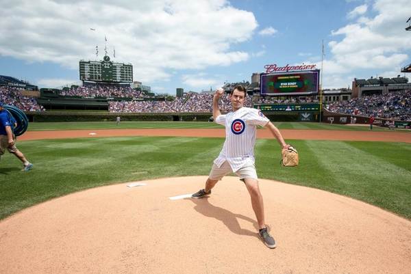 Ryan Bondy (Elder Price in THE BOOK OF MORMON) delivering Ceremonial First Pitch at W Photo