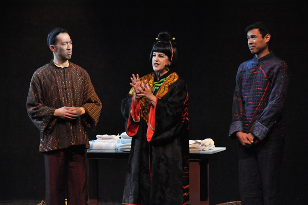 Kai Chao as Ching Ho (left), Marann Zschau as Mrs. Meers and Eiji Miura as Bun Foo Photo