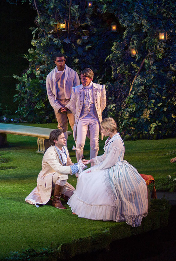 (clockwise from bottom left) Jonny Orsini as Ferdinand, King of Navarre, Amara James Aja as Dumaine, Kevin Cahoon as Boyet, and Kristen Connolly as Princess of France at 