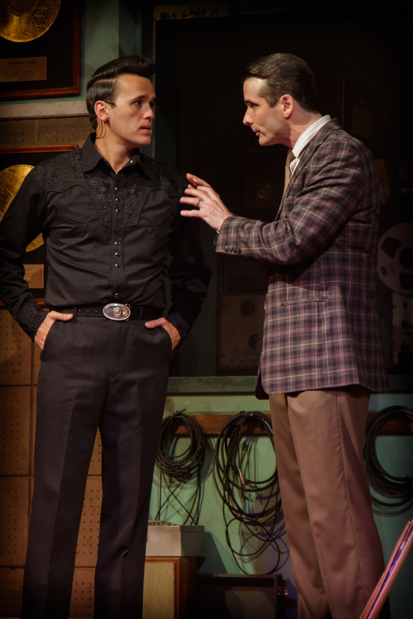 Johnny Cash (Justin Figueroa) and Sam Phillips (Luke Darnell) talk business Photo