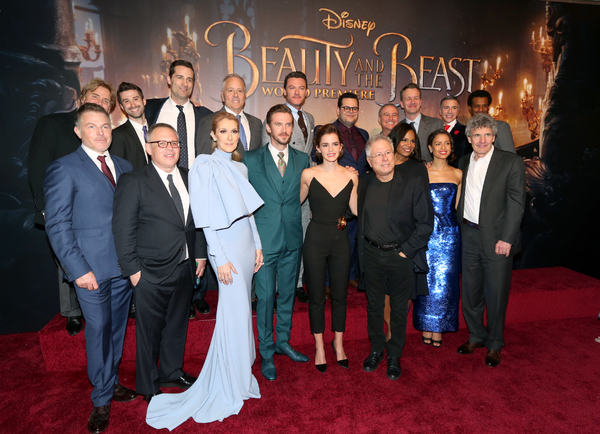 LOS ANGELES, CA - MARCH 02:  (L-R top) Co-Screenwriter Stephen Chbosky, Co-producer Greg Yolen, Producer Todd Lieberman, Producer David Hoberman, actors Luke Evans, Josh Gad, Walt Disney Studios President Alan Bergman, President of Walt Disney Studios Mot at 