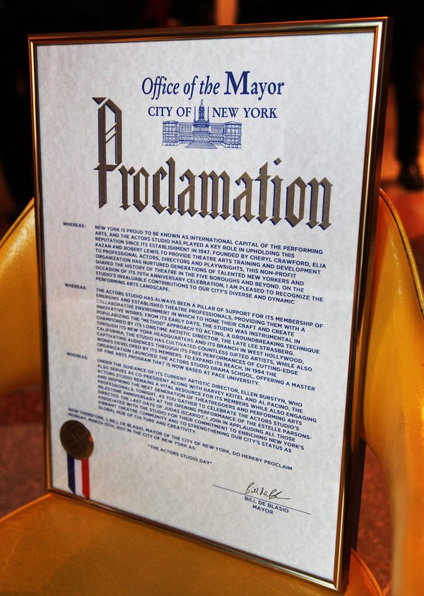 Proclamation in honor of the 70th Anniversary of the Actors Studio, presented by Carl Photo