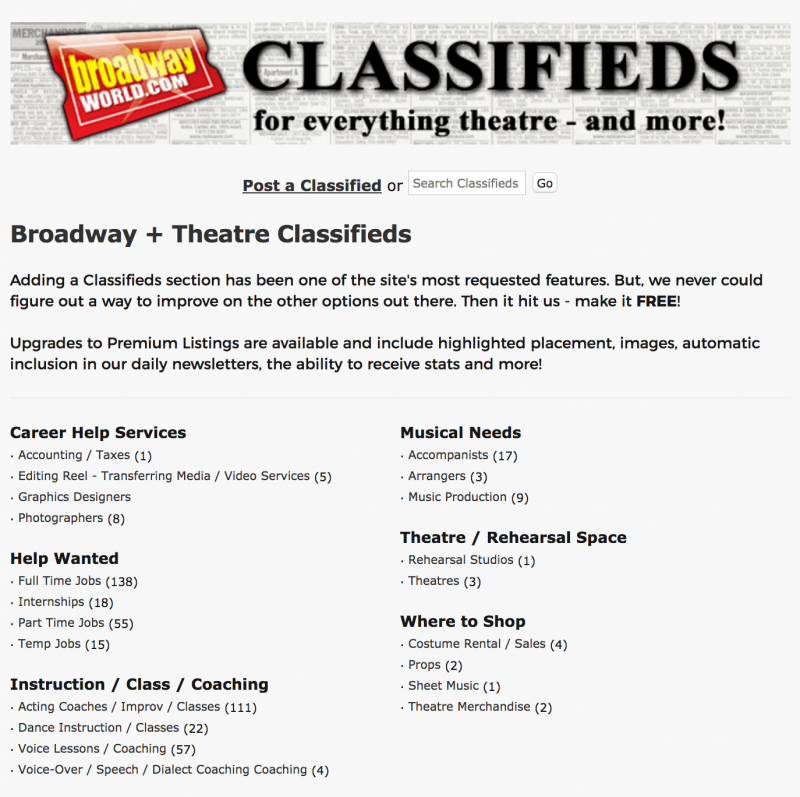 Browse and Add Your Listings to BroadwayWorld's Free Classifieds Image