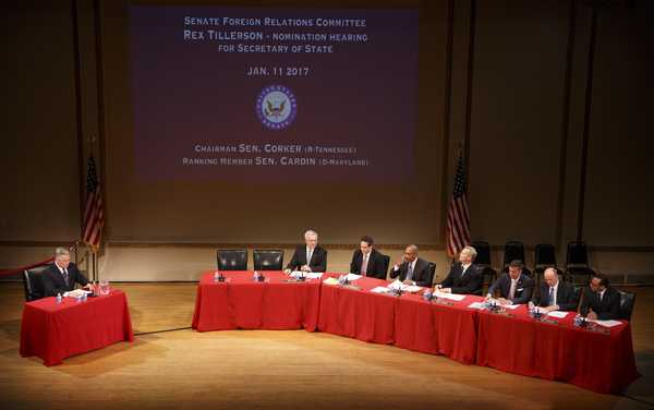 Alec Baldwin as cabinet nominee Rex Tillerson, Walter Bobbie as Senator Kaine, Yul Va Photo