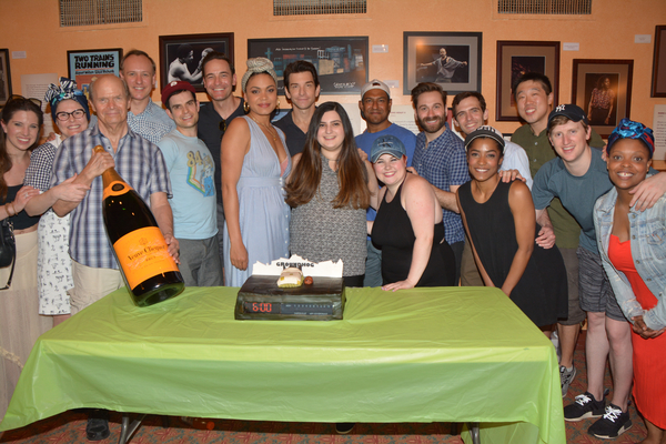 Barrett Doss and Andy Karl with cake designer Dina Jawetz and the cast Photo