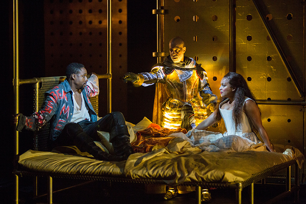 (from left) Grantham Coleman as Hamlet, Michael Genet as The Ghost, and Opal Alladin  Photo
