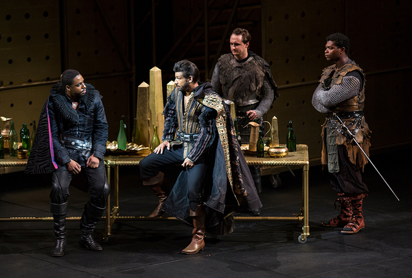 (from left) Grantham Coleman as Hamlet, Ian Lassiter as Horatio, Lorenzo Landini as Barnardo, and Amara James Aja as Marcellus in Hamlet, by William Shakespeare, directed by Barry Edelstein, running August 6 - September 10, 2017. Photo by Jim Cox. at 