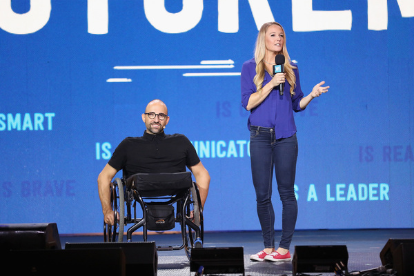 Spencer West and Sarah Wells speak onstage at WE Day UN. (Photo by Monica Schipper/Ge Photo