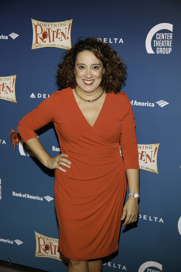 Actor Eileen Galindo arrives for the opening night performance of "Something Rotten!" Photo