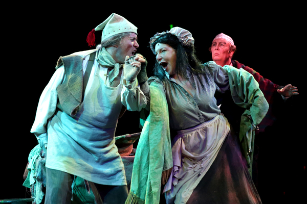 Matthew Chappell (Old Joe) and Cheryl McMahon (Mrs. Dilber) with David Coffee (Ebenez Photo