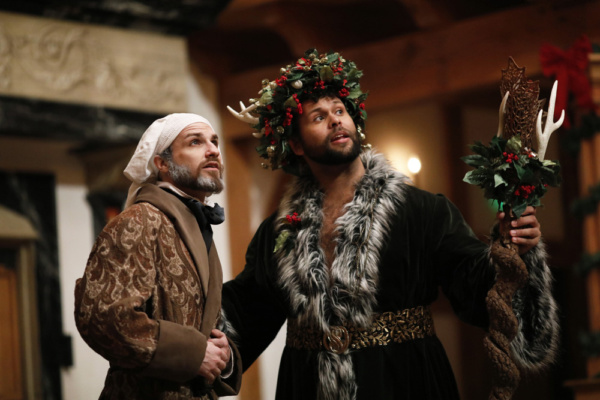 J.C. Long as Ebenezer Scrooge and Topher Embrey as Christmas Present in A CHRISTMAS C Photo