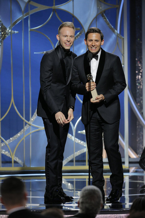 75th ANNUAL GOLDEN GLOBE AWARDS -- Pictured: (l-r) Justin Paul, Benj Pasek accept the Photo