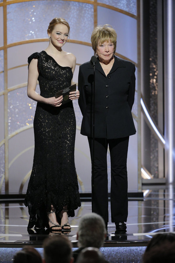 75th ANNUAL GOLDEN GLOBE AWARDS -- Pictured: (l-r) Emma Stone, Shirley MacLaine, Pres Photo