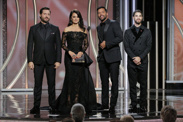 75th ANNUAL GOLDEN GLOBE AWARDS -- Pictured: (l-r) Edgar Ramirez, Penelope Cruz, Rick Photo