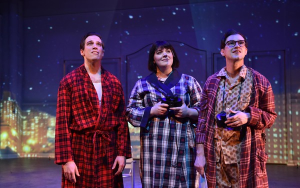 (L to R) Jim DeSelm, Neala Barron and Matt Crowle in MERRILY WE ROLL ALONG from Porch Photo