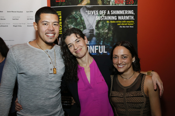 From left, Elliot Ruiz, playwright Quiara AlegrÃ­a Hudes and cast member Caro Zelle Photo