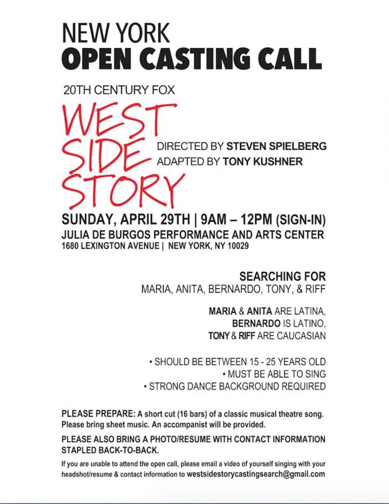 Steven Spielberg's WEST SIDE STORY Remake Will Hold Open Call This Weekend in NYC! Image