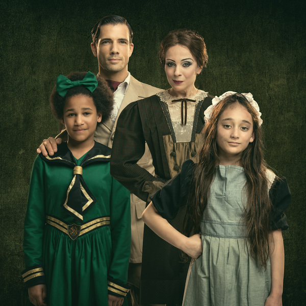 Danny Mac as Captain Crewe and Amanda Abbington as Miss Minchin  withy 2 young co-sta Photo