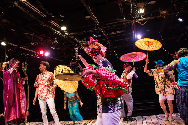 Christopher Henley (Prospero), Miles Folley (Ferdinand), Emily H. Gilson (Ariel, behind umbrella), Alyssa Sanders, Frank Britton, Cam Magee, and Reginald Richard (Ariel, back to camera)  at 