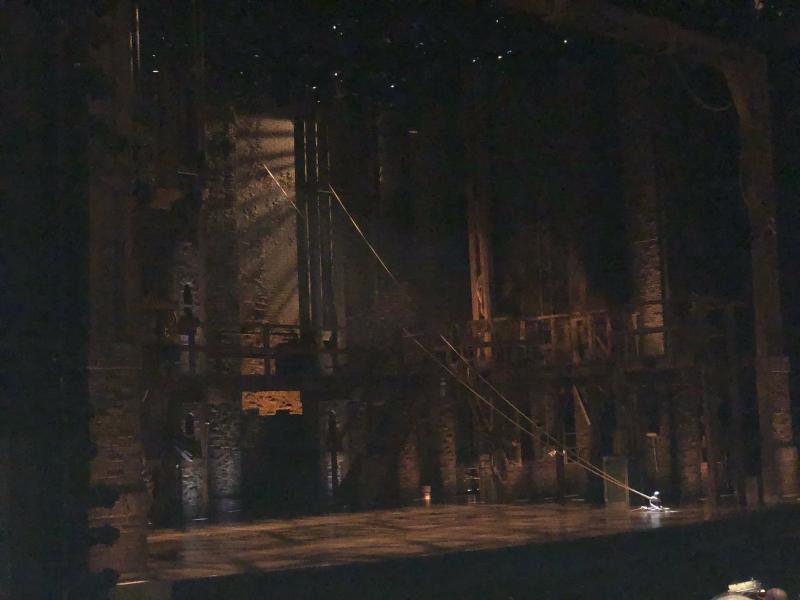 Photo caption: The set of Hamilton at the Des Moines Civic Center, prior to curtain. DO NOT take photos or video during shows at the Civic Center or Mr. Shapiro WILL tackle you. I've seen him do it, and it is not pretty.