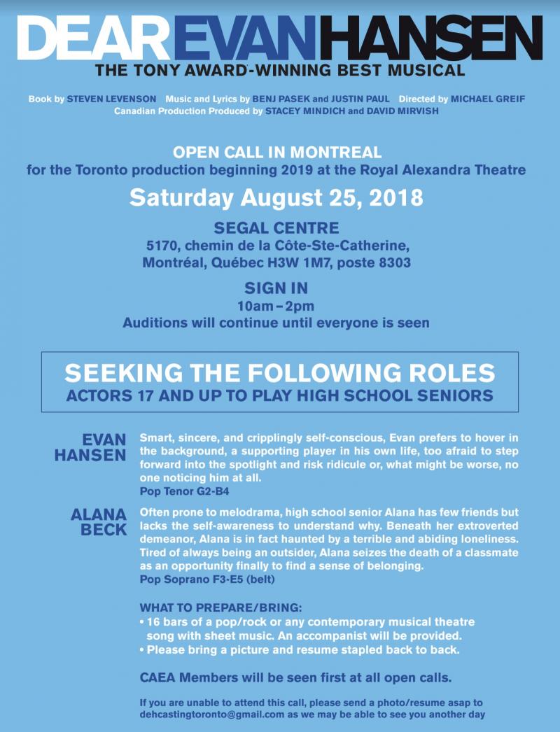 DEAR EVAN HANSEN Announces Montreal Open Call Image