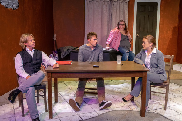 Stephen Woosley as Joyce,  l-r, with  Dustin Schwab as Linden, Mary Sink as Bay, and  Photo