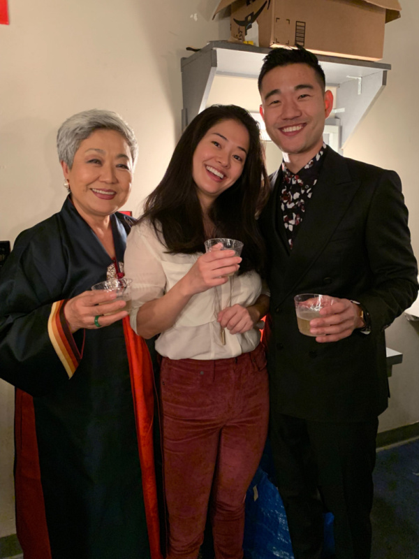 Esther Lee, Shannon Tyo and Daniel K. Issac share a toast backstage after opening nig Photo