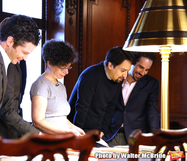 Thomas Kail, researcher Julie Miller, Lin-Manuel Miranda and Alex Lacamoire Photo