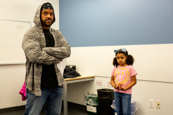 Anthony Thomas and Nyah Jude in rehearsal with playwright Keith Huff for SIX CORNERS. Photo